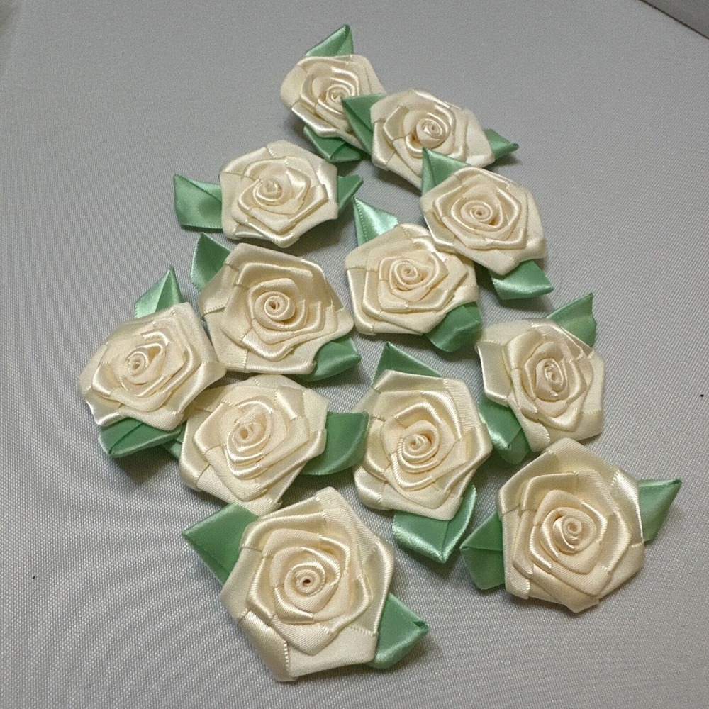 Handmade 2" Satin Rose w/leaf For Sewing Crafting Applique Fabric Roses - Picture 2 of 5
